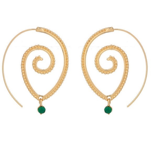 Spiral Boho Gold & Green Drop Infinity Earrings - Picture 2 of 4